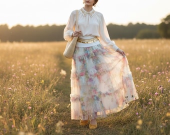 Floral Tulle Ruffle Skirt – Dreamy Pastel Layered Maxi Skirt for a Romantic, Boho Vibe