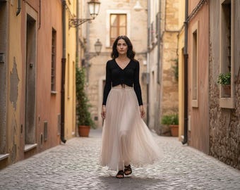 Beige Tulle Maxi Skirt, Flowy European Street Fashion, Two-Piece Outfit