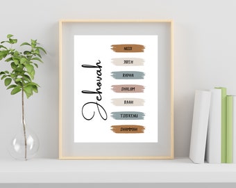 May include: A white printable art print with the word "Jehovah" written vertically in black cursive script. The print features seven horizontal brushstrokes in various shades of brown, beige, pink, and blue. Each brushstroke has a different name of God written in black text: Nissi, Jireh, Rapha, Shalom, Raah, Tsidkenu, and Shammah.