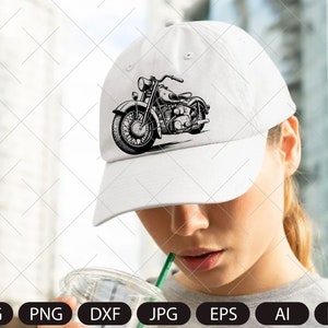 May include: A white baseball cap with a black and white illustration of a vintage motorcycle on the front.