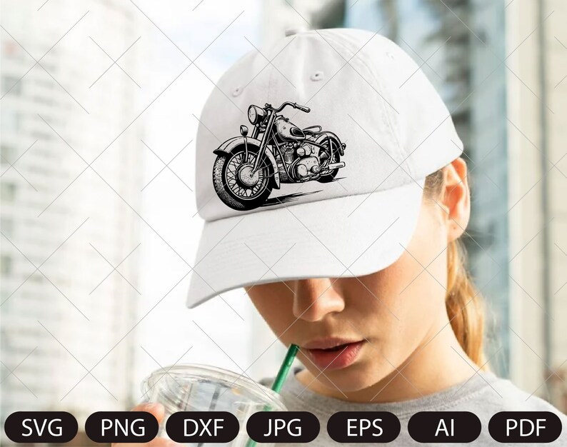 May include: A white baseball cap with a black and white illustration of a vintage motorcycle on the front.