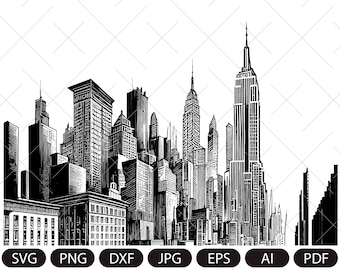 Vecteur de silhouette de ville/ Ville horizontale SVG/ Paysage du centre-ville avec de hauts gratte-ciel/ Bâtiments d'architecture panoramique/Vie urbaine