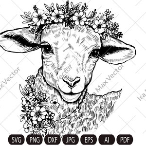 Lamb Svg, Sheep svg, lamb with flower crown, Cute Farm Animal, Livestock,farm life, Lamb Clipart, Lamb Vector, Lamb  printable, Lambs svg