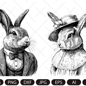 Bunny clipart in formato SVG, una coppia di conigli in vestiti, Dapper Bunny, Lady Bunny, Mr. e Mrs. Bunnies, coniglietti pasquali, creazione di carte Junk Journal