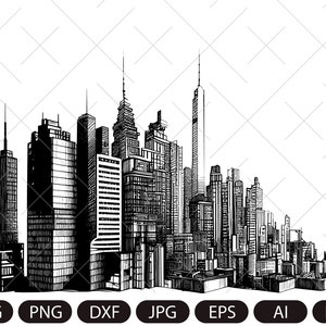 Vecteur de silhouette de ville/ Paysage urbain horizontal SVG/ Paysage du centre-ville avec de hauts gratte-ciel/ Bâtiments d'architecture panoramique/ Vie urbaine