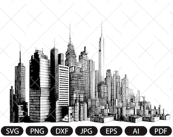 Vecteur de silhouette de ville/ Paysage urbain horizontal SVG/ Paysage du centre-ville avec de hauts gratte-ciel/ Bâtiments d'architecture panoramique/ Vie urbaine