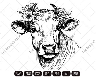 牛のSVGファイル、花冠をつけた牛のSVG、牛のカットファイル、動物の顔、花冠、頭に花をつけた牛、かわいい牛のSVG、農場の動物、納屋