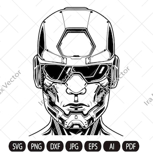 May include: A black and white illustration of a futuristic helmet with a visor. The helmet has a geometric design and is worn by a person with a robotic face.