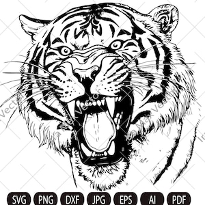 Op de afbeelding: Een zwart-witte lijntekening van een tijgerkop met zijn bek open en zichtbare tanden. De tijger heeft een woeste uitdrukking.