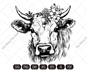 牛のSVGファイル、花冠をつけた牛のSVG、牛のカットファイル、動物の顔、花冠、頭に花をつけた牛、かわいい牛のSVG、農場の動物、納屋