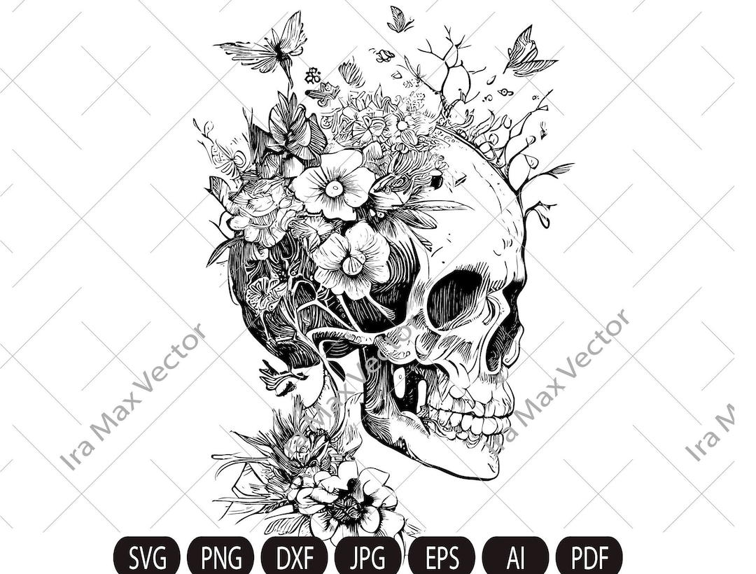 Skull Svg File, Flower Skull Svg, Skull Cut File, Floral Skull Svg File
