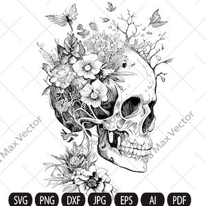 Skull svg file, Flower Skull svg, Skull cut file, Floral Skull svg file, Sugar Skull Svg file, skull flower crown, halloween, gothic, goth