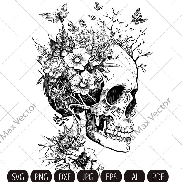 Skull svg file, Flower Skull svg, Skull cut file, Floral Skull svg file, Sugar Skull Svg file, skull flower crown, halloween, gothic, goth
