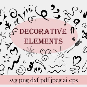 May include: A collection of black and white decorative elements, including swirls, stars, arrows, hearts, and flowers. The text "DECORATIVE ELEMENTS" is written in a pink oval.