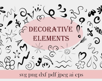 Elementos de diseño SVG / Paquete de adornos SVG / Complementos decorativos / Garabatos, líneas, adornos, estrellas, corazones, flechas, SVG dibujados a mano