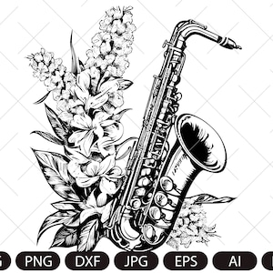 Saxophone SVG, saxophone in flowers, music svg, saxophone vector, musical instrument, saxophonist svg