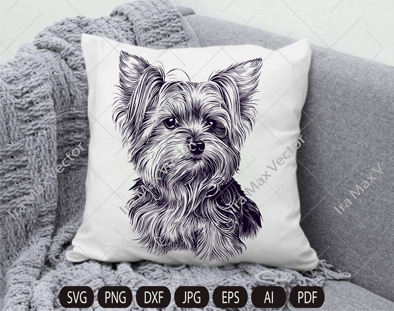 Op de afbeelding: Zwart-witte lijntekening van een Yorkshire Terrier op een wit kussen. De hond kijkt recht naar de kijker.
