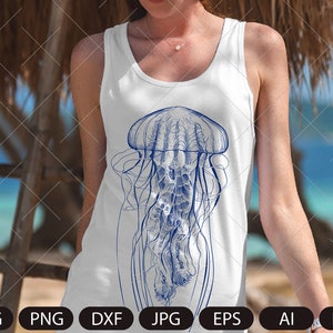 May include: A white tank top with a blue line drawing of a jellyfish on the front.