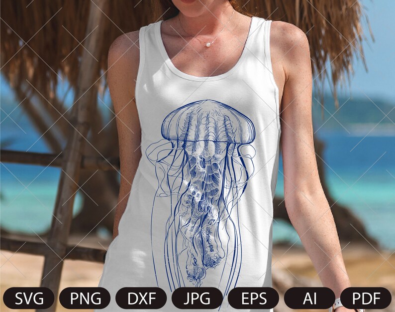 May include: A white tank top with a blue line drawing of a jellyfish on the front.