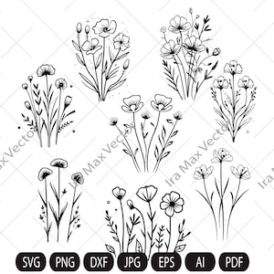 Wildflowers svg, Wild flower svg bundle, floral frame svg, Split monogram svg, Bouquet SVG, Floral svg, nature svg, flower sketch svg