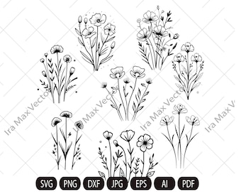 Flores silvestres svg, paquete de flores silvestres svg, marco floral svg, monograma dividido svg, ramo SVG, svg floral, svg de naturaleza, svg de boceto de flor