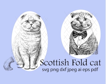 Scottish Fold Cat Instant Digital Downloadable File for Silhouette,Clipart,Vector,Cricut.In Svg,Dxf,Png,Jpg,Ai,Eps Format