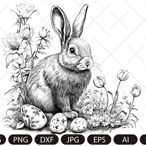 May include: A black and white illustration of a rabbit sitting in a field of flowers. The rabbit is surrounded by three eggs with intricate designs.