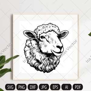 Puede incluir: Ilustraci&oacute;n en blanco y negro de l&iacute;nea de arte de la cabeza de una oveja con un pelaje esponjoso y rizado. La oveja est&aacute; mirando hacia la derecha con una expresi&oacute;n suave.