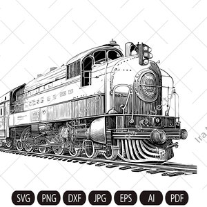 May include: Black and white line art illustration of a vintage steam locomotive train. The train is facing the right side of the image and is on a set of tracks. The train has a large smokestack and a rounded cab. The train is detailed with many lines and curves.