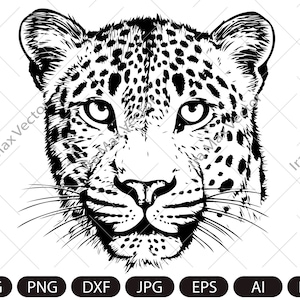 Svg-luipaard, hoofd luipaard, gezicht luipaard, dieren svg, Instant download, SVG, PNG, EPS, dxf, digitale download jpg, silhouet-illustraties