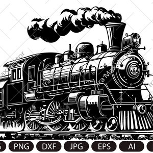 May include: A black and white illustration of a vintage steam locomotive with smoke billowing from the chimney. The locomotive has a large, round headlight and a bell on the front. The wheels are detailed with spokes and the train is on a set of tracks.