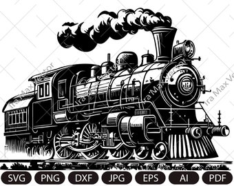 Locomotora de vapor vintage SVG, transporte retro, tren antiguo, tren retro SVG PNG, imagen de motor de vapor, clip art vintage para transferencias e impresiones