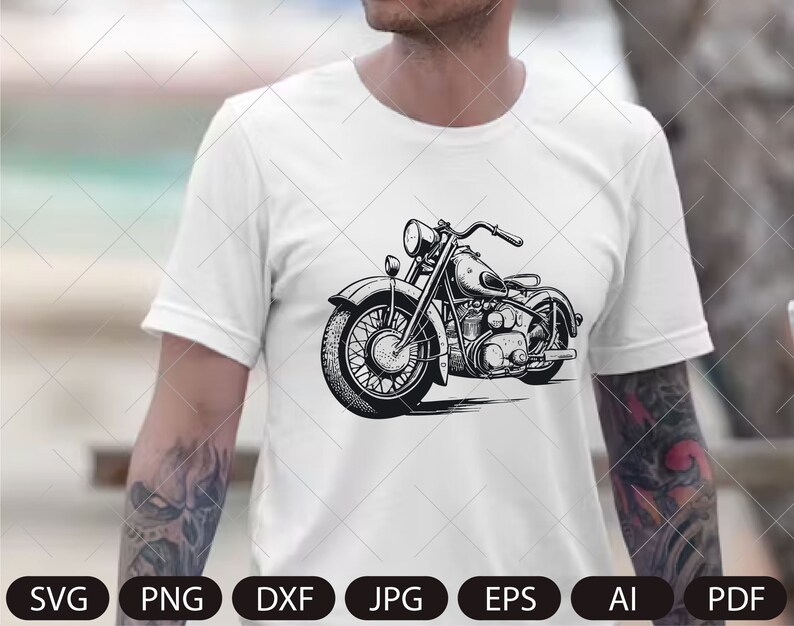 May include: A black and white illustration of a vintage motorcycle. The motorcycle has a large front wheel and a sidecar.