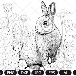 Puede incluir: Un dibujo en blanco y negro de un conejo sentado en un campo de flores. El conejo mira hacia la izquierda y tiene las orejas levantadas. Las flores están en flor y tienen pétalos delicados.