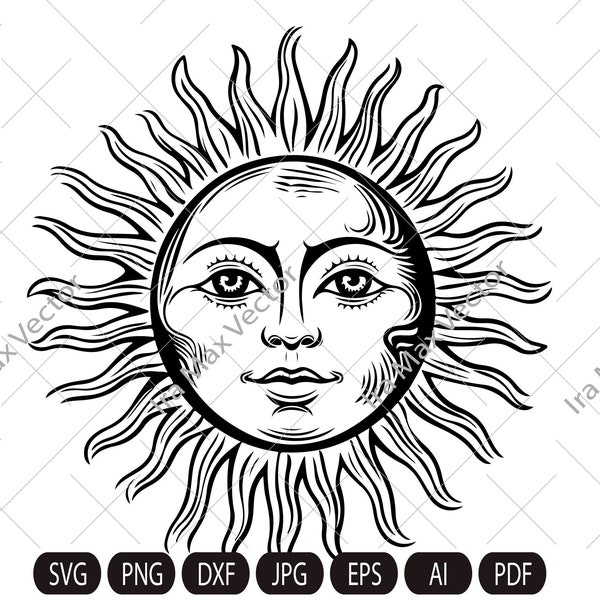 SUN FACE SVG,Sun printable, Sun vector, Sun silhouette, Svg cut files  and silhouette, Paper cut template, instant download