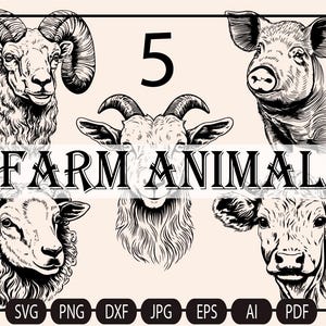 May include: Black and white line art illustrations of five farm animals: a ram, a goat, a pig, a sheep, and a cow. The text "FARM ANIMALS" is written in a bold, serif font below the animals. The number "5" is written in a large, bold font above the animals.