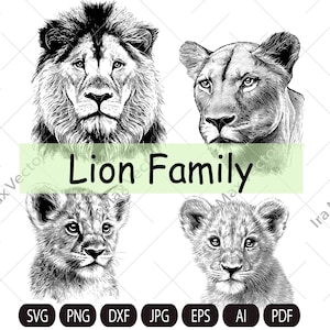 May include: Black and white line art illustration of a lion family. The image features a lion, a lioness, and two lion cubs. The lion family is depicted in a realistic style.