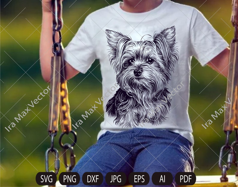 Op de afbeelding: Een wit T-shirt met een zwart-witte illustratie van een Yorkshire Terrier op de voorkant.