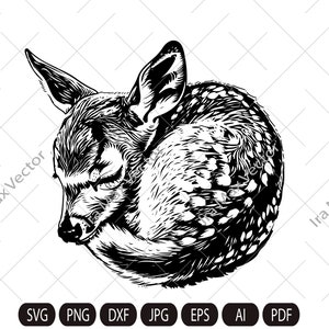 May include: A black and white illustration of a curled-up, sleeping fawn. The image shows the fawn with its eyes closed and spotted coat. File type icons are included: SVG, PNG, DXF, JPG, EPS, AI, and PDF.