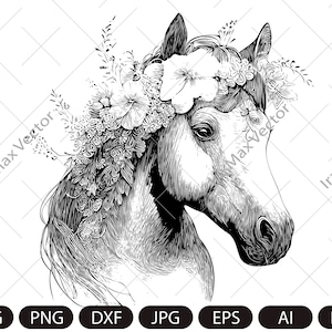 Horse SVG file, Horse with Flower Crown SVG, Horse face , Animal Face, Floral Crown, Horse with Flowers on Head, Cute Horse Face svg