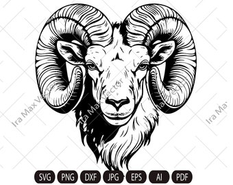 ラムヘッド SVG、ラム SVG、牡羊座、羊、農場の動物グラフィックイラスト、Tシャツ、印刷可能なクリップアート、ベクターデジタル DXF PNG EPS、ラムロゴ