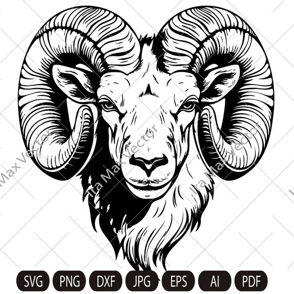 Ram Head SVG, Ram SVG, Aries, Sheep, Farm Animal Graphics Illustration, T-Shirt ,  Printable Clip Art ,Vector Digital Dxf Png Eps ,Ram logo