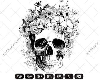 Skull svg file, Flower Skull svg, Skull cut file, Floral Skull svg file, Sugar Skull Svg file, skull flower crown, halloween, gothic, goth