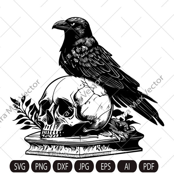 Raven on Skull SVG ,Skull Death, Black Crow Head Bone, Vintage Design, Gothic Art, Raven  Print, Printing Clipart