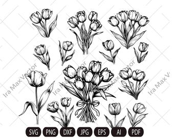 Tulip SVG Set, Tulip Flower, Tulip Vector Drawing, Tulip Cut File, Tulip Art Digital Clipart