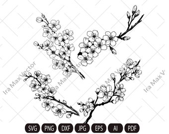 Cherry Blossom Line Art SVG, Floral SVG Bundle, Botanical Hand Drawn Illustration Clipart, Sakura svg