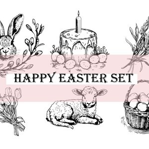 Lapin de Pâques, ensemble de joyeuses Pâques, lapin de Pâques, panier avec des oeufs, clipart de Pâques, agneau mignon, fleurs, agneau mignon, saule