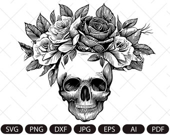 Floral Skull Svg, Skull Svg, Flower Skull Svg, Flower Skull Clip Art, Sugar Skull Svg, Skull Vector, Skull Flower Crown svg, Skull shirt