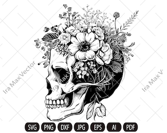 Skull svg file, Flower Skull svg, Skull cut file, Floral Skull svg file, Sugar Skull Svg file, skull flower crown, halloween, gothic, goth