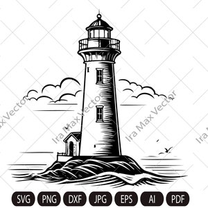 Faro SVG, Faro vintage, File Beacon, Clipart di Ocean Island, File grafico vettoriale marittimo, Download immediato di file digitale